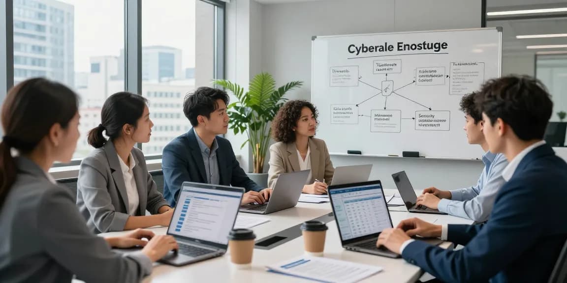 Cyber Essentials requirements discussed in a modern office with cybersecurity experts collaborating on compliance strategies.