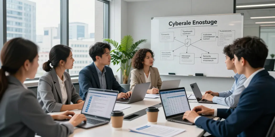 Cyber Essentials requirements discussed in a modern office with cybersecurity experts collaborating on compliance strategies.