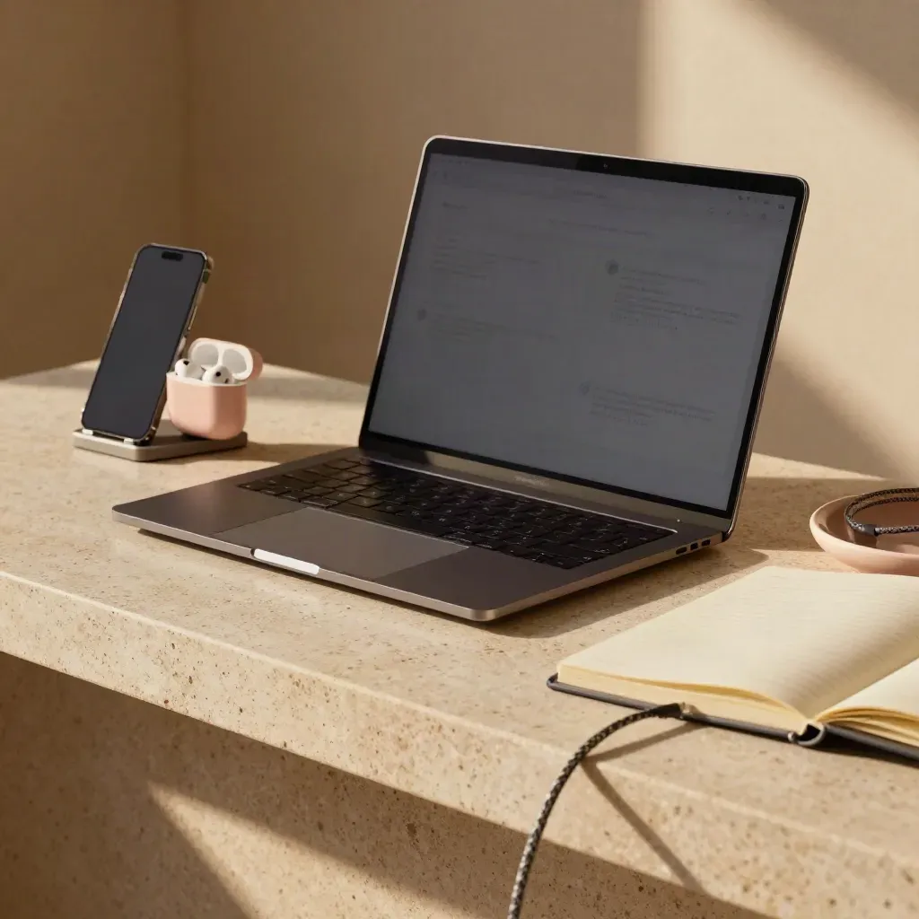 Set di coaching online con laptop chiuso, auricolari, telefono e taccuino su travertino.