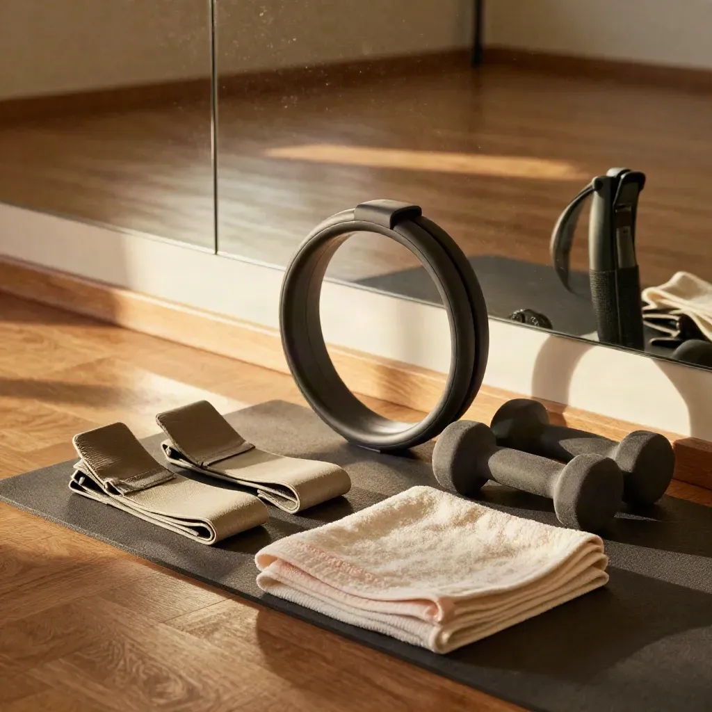 Attrezzi per tonificazione su tappeto da studio con anello Pilates, pesetti e fasce elastiche