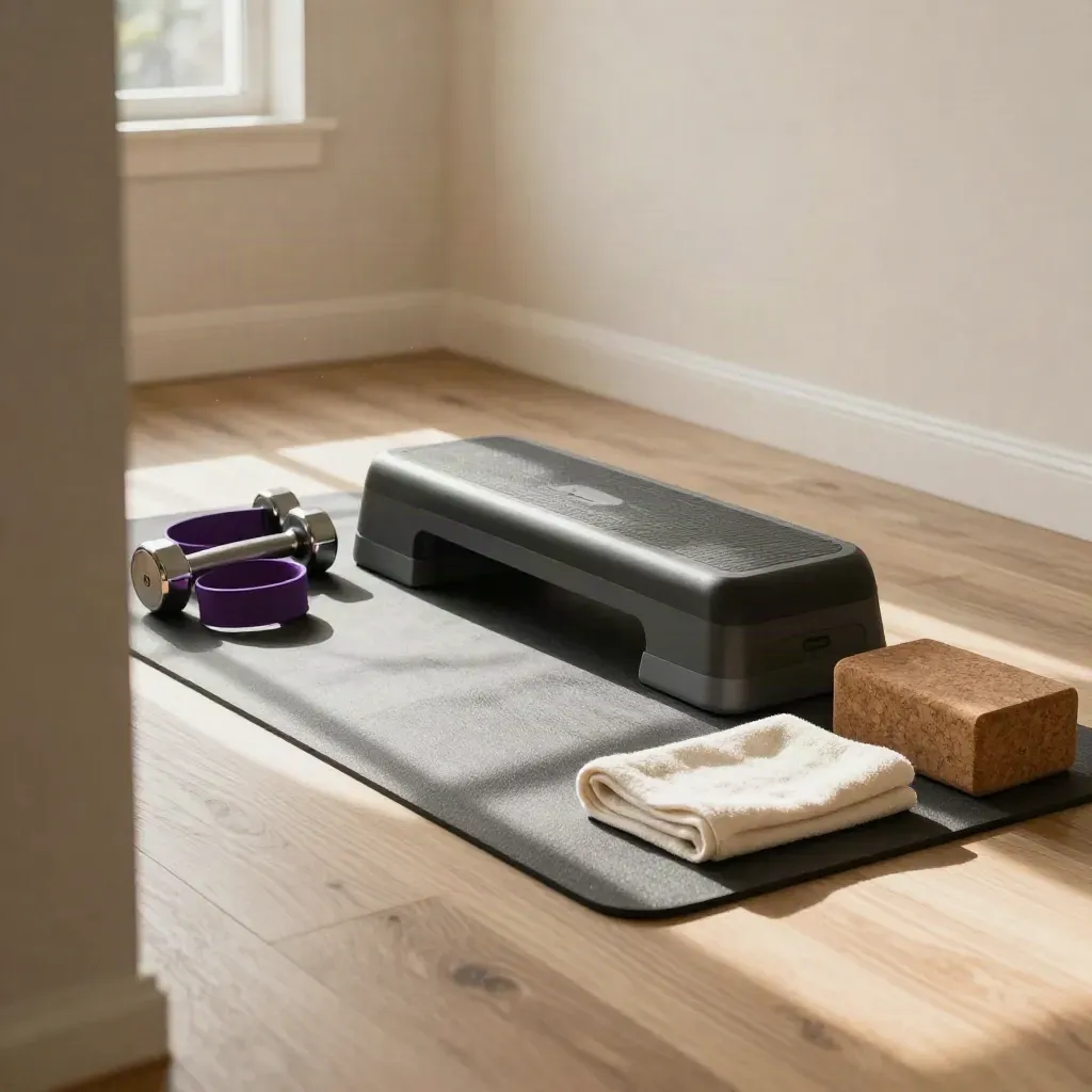 Angolo fitness domestico ordinato con tappetino, step, manubri, bande e blocco in luce calda.