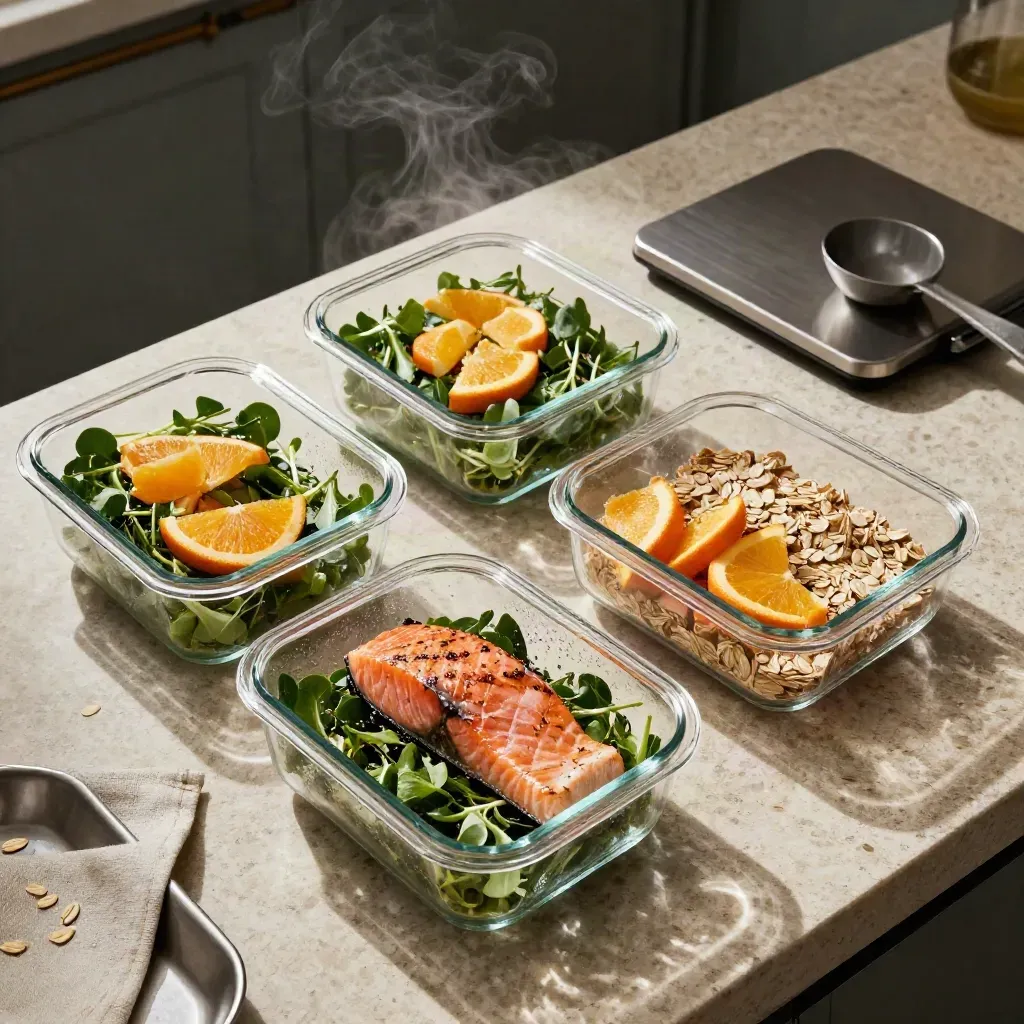 Meal prep con bilancia, contenitori di salmone, verdure, agrumi e avena su pietra travertino.