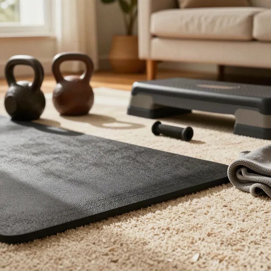 Angolo fitness domestico con tappetino, kettlebell, step e fascia elastica su tappeto morbido.