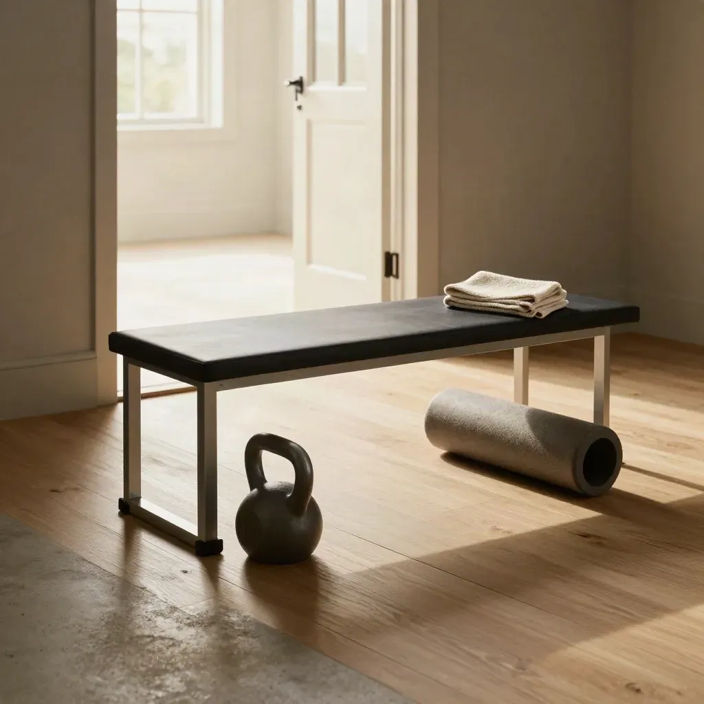 Angolo home workout ordinato con panca, kettlebell, rullo e asciugamano vicino a una porta luminosa