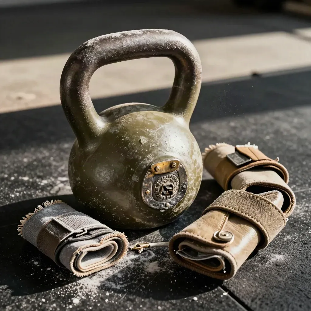 Dettaglio ravvicinato di kettlebell, cintura da palestra e fasce su pavimento in gomma.