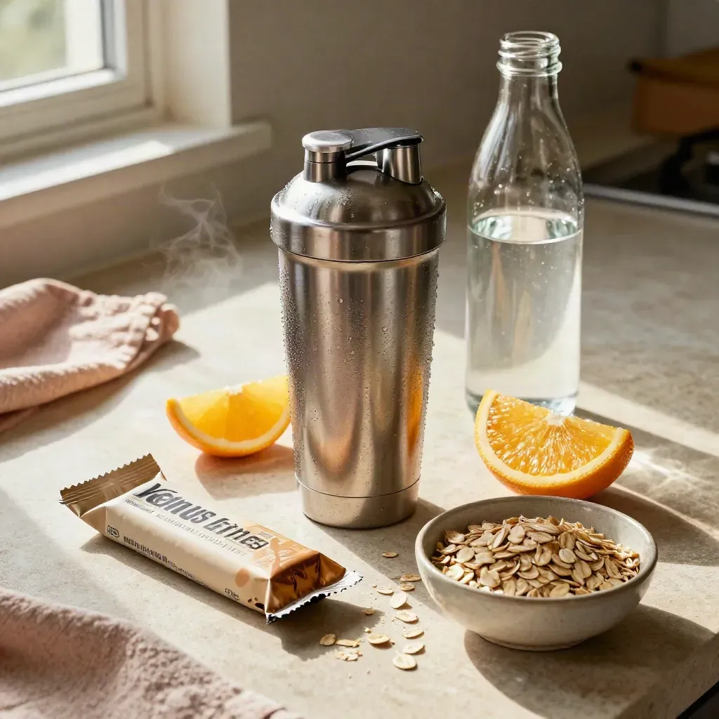 Shaker, bottiglia, arancia, barretta e avena su piano chiaro.