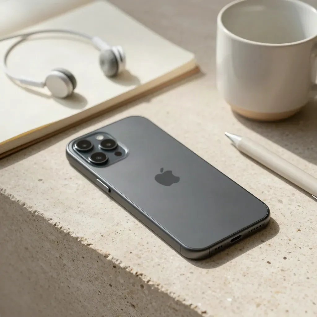 Telefono silenziato, quaderno chiuso, cuffie e tazza su pietra chiara.