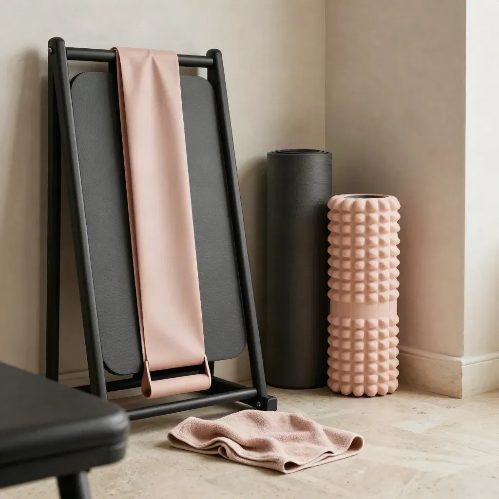 Angolo palestra ordinato con elastico, tappetino e foam roller in luce morbida.