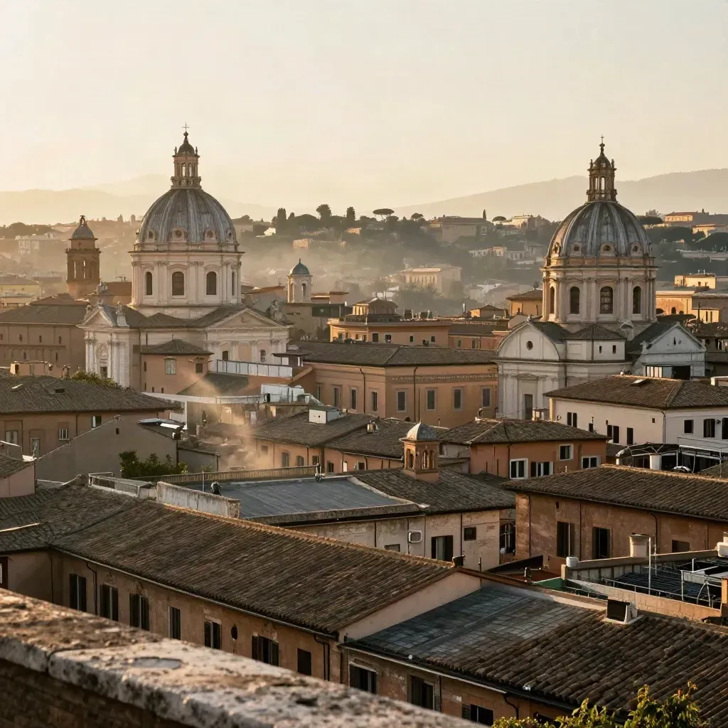 Panorama di Roma al tramonto con cupole alte e pietra calma per il testo.