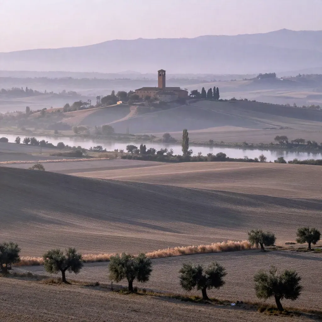 Alba sulla Pianura Padana con campi velati dalla nebbia e un campanile lontano